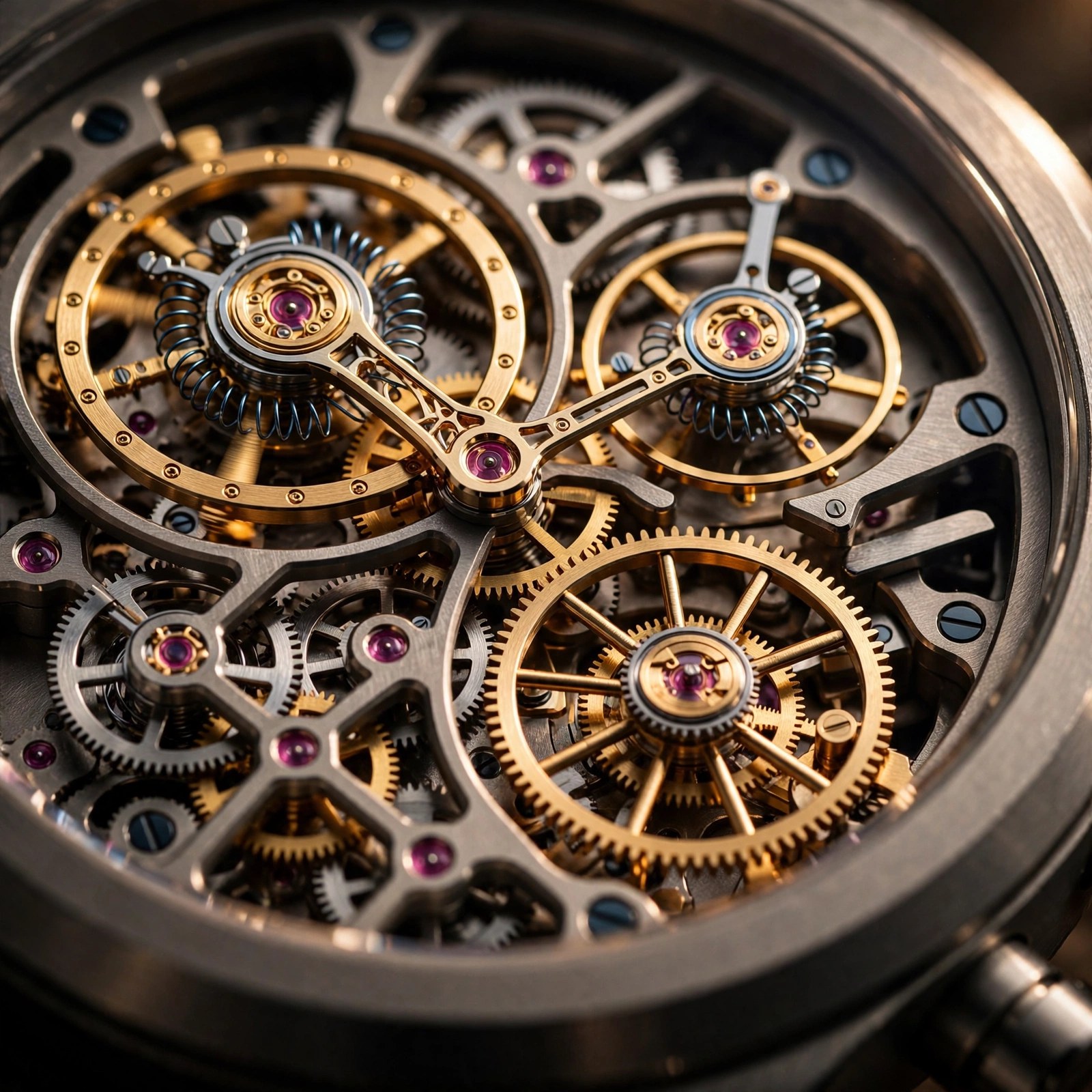 Macro photograph of a dual-escapement watch movement showing two balance wheels and openworked bridges
